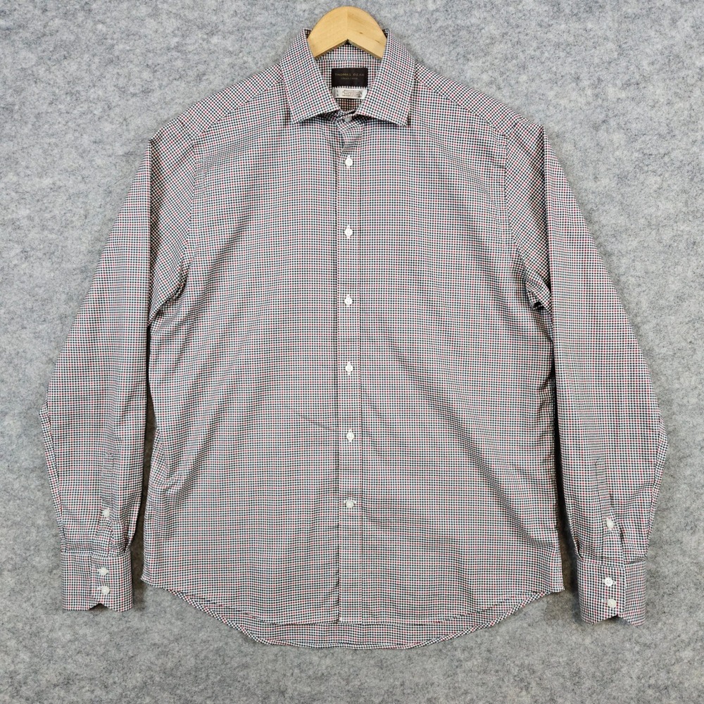 Thomas Dean Collection Men's Dress Shirt Size L Red Green White Mini-Check Olive